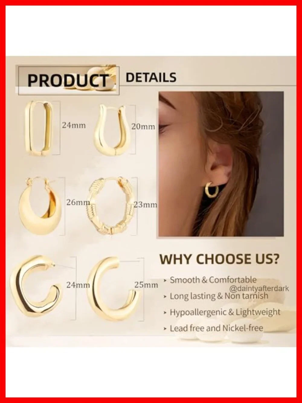 6 Pairs Gold Plated Hoop Earrings for Women, Lightweight Chunky Huggie Hoops